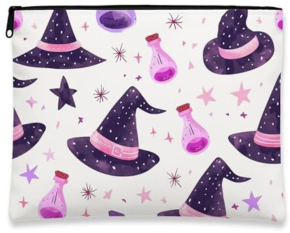 Fantasievolle Make-up-Tasche, violetter Hexenhut und -trank, Kosmetiktasche für Damen, tragbare kleine Canvas-Reißverschluss-Organizer, Halloween-Kulturbeutel, Veilchen, 7x9 Inch, Hexenhut