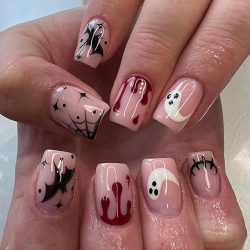 DMQ Halloween Press on Nails Set, 24Pcs Nude Pink Press on Nails with Bloodstain, Ghost & Bat Design, Square French Fake Nails Short, Stick on Nail with Nail Glue for Women Girls Halloween Nails Art