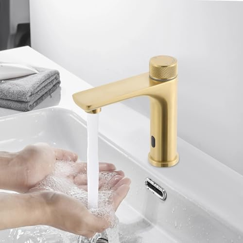 Infrarot Wasserhahn Bad mit Sensor, Berührungslose Einhebelmischer Mischbatterie Waschbecken Armaturen, Automatisch Waschtischarmatur aus Edelstahl für Badezimmer (Gold)