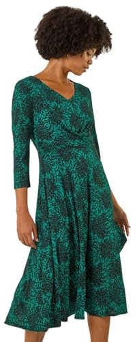 Roman Fit and Flare Dress for Women Ladies Chest Twist Knot Ruched Tea Skater Empire Waist Wedding Guest Smart Casual Swing Midi 3/4 Long Sleeve Knee Length