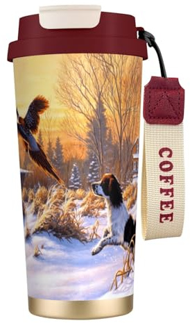 fifbird Dog Catching Pheasant Printed,316 Stainless Steel Coffee Mug with Lanyard,Insulated Tumbler Double Wall Travel Car Cup 500 ml