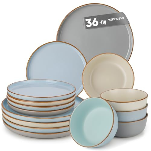 Service de table 36 pièces, vancasso RENO Ensemble de vaisselle en grès pour 12 personnes, service de table mixte, 12 assiettes à plat, assiettes à dessert, bols, résistant aux rayures, lavable au