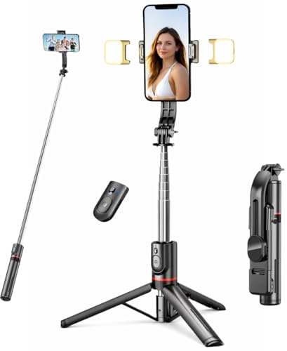 RUKK Trípode para Móvil y iPhone de 116cm con Luces LED, Palo Selfie Trípode con Control Remoto Bluetooth y Soporte de 360°, Trípe Telemóvel Estable para Vídeo y Fotos