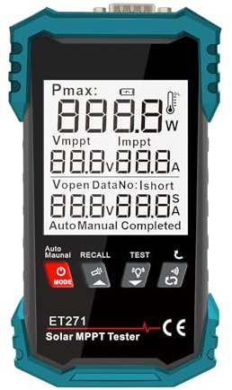 Testeur de panneau solaire 1600 W, testeur MPPT numérique portable avec mode automatique/manuel, tension à vide, point de puissance maximum (puissance/tension/courant), batterie 1250 mAh