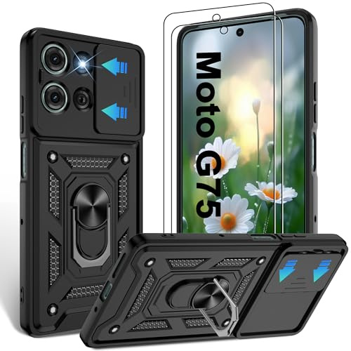 Jshru for Motorola G75 5G Phone Case,Full Lens Protective Cover Black | Military Grade Shockproof Anti-Scratch,Slide Camera Cover,Ring Kickstand/Holder/Stand,2 Pcs Screen Protector