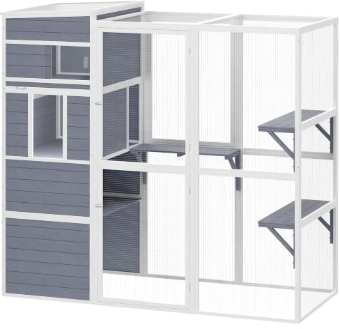 PawHut Large Wooden Catio with All-Weather Sun Roof for Multiple Cats Grey | 4-Tier Catio Cat Outdoor Enclosure, Spacious Resting Rooms, 3 Platforms, Window, Outdoor Indoor Use