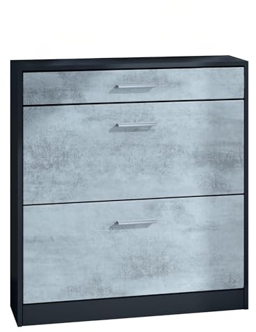 InnoFurn Schuhschrank Roma Schmal mit 2 Klappen und 1 Schublade, Platzsparender Schuhkipper Flurschrank für Diele Flur Garderobe, Schwarz/Beton Oxid Optik (89 x 95,5 x 23 cm)