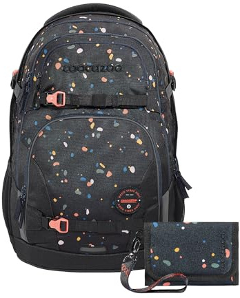 coocazoo Schulrucksack-Set Porter „Sprinkled Candy“ 2-TLG., schwarz, ergonomischer Schulrucksack 35 l mit Easy-Grow-System, Volumenerweiterung & Geldbörse