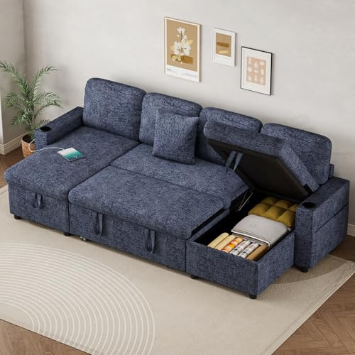 Corner Sofa Bed, U-Shaped Convertible Sleeper Sectional Sofa Bed with Storage, USB & Type-C Ports, Cup Holders and 2 Cushions, 4 Seater Chenille Pull Out Couch Bed for Living Room, Bedroom, Blue
