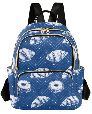 OWFKAY Bagel Croissants Rucksack, klein, für Damen, Schultasche, Reisen, Diebstahlschutz, lässig, Blau, Bagel Croissants Blue Pastry, M, Damen-Rucksack