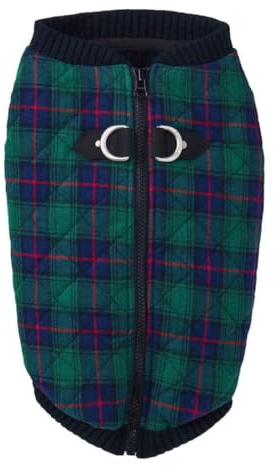 Gooby Fashion Vest Check Jacket - Green, Large - Warm Zip Up Bomber Vest With Dual D Ring Leash - Winter Water Resistant Small Sweater - Clothes for Small or Medium Dogs | Checkered quilted bomber, water-resistant; Stretch knit bottom; Dual D-ring leash; Pain-free zipper guard