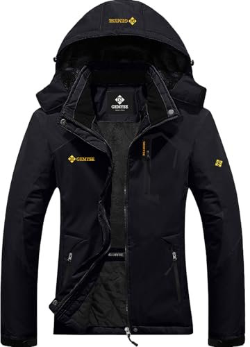 GEMYSE Damen Wasserdichte Berg-Skijacke Winddichte Fleece Outdoor-Winterjacke mit Kapuze (Schwarz,L)