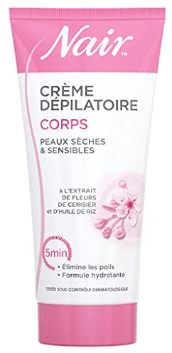NAIR - Crème Dépilatoire Corps spécial Peaux Sèches & Sensibles, aux Extraits de Fleur de Cerisier & d'Huile de Riz, Formule Hydratante, Tube de 200ml et spatule