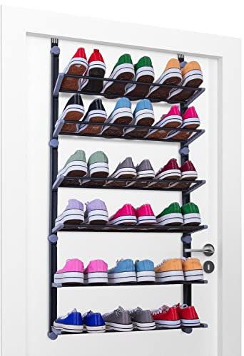 Knight Over The Door Shoe Rack | 6 Tier Shoe Organiser | Space Saving for Bedroom, Hallway | Holds 18 Pairs | Foldable Non-Slip Metal (6 Tier)
