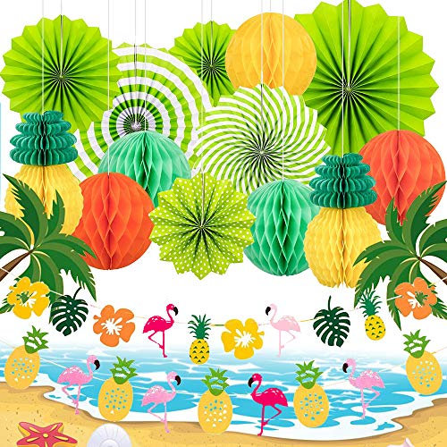 Flamingo Deko Hawaii Party Deko Set, XCOZU Hängende Papierfächer Blätter Ananas Deko Sommerparty Deko, Tropical Beach Party Girlande für Geburtstag Hochzeit Garten Pool Dekoration Accessoires