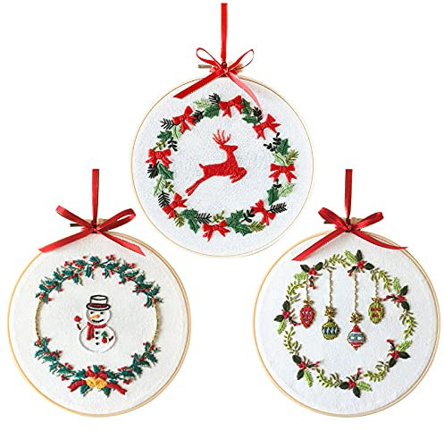 3 Sets Stickerei-Starter-Set mit Weihnachtsmuster, Weihnachten Volles Sortiment an Stickerei Starter Kit, Kreuzstich-Set für Anfänger, komplette Palette von geprägten Sticksets mit 3 Stickmustern