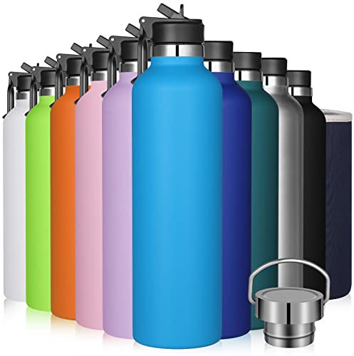 GeeRic 1L Bouteille d'eau en Acier Inoxydable Bouche Large, Bouteille d'eau en métal à Double Paroi Isotherme sous Vide, 12 Heures Chaudes et 24 Heures Froides, Bleu ciel