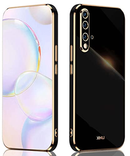 QIYIN Funda para Huawei Nova 5T/Honor 20, Estuche de Silicona de Color Ultrafino para Damas, Cover Anti-caída con Marco Dorado, Case Suave para Proteger la Cámara (Negro)