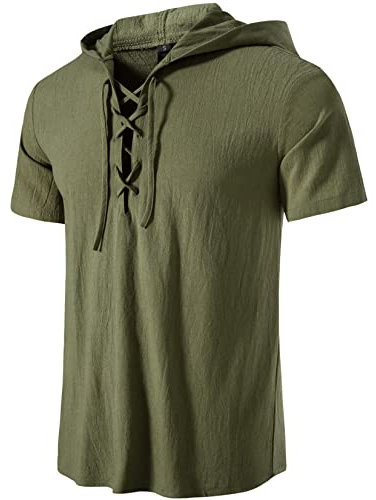 LucMatton Herren-Hemden aus Baumwolle, traditionell, Retro-Stil, zum Schnüren, kurzärmelig, für Mittelalter, Wikinger, Hippie, Armee-Grün-a, S