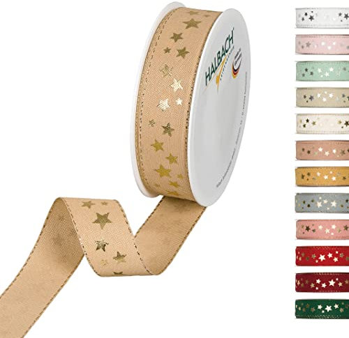 Halbach Seidenbänder 295 Sterne Geschenkband Weihnachten, Polyester, Natur, 2.5 cm