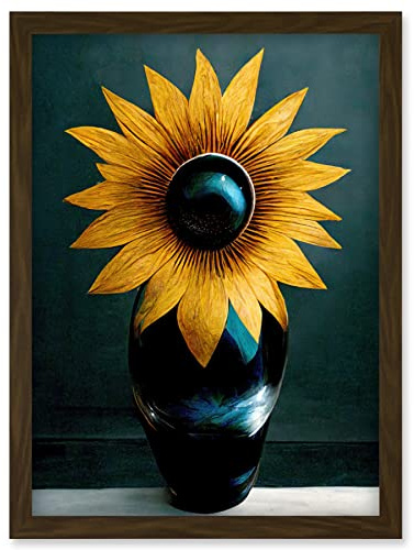 Doppelganger33 LTD Modern Bright Single Yellow Black Sunflower In Vase Artwork Framed Wall Art Print A4