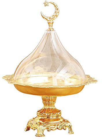 ZEELYDE Tapa para el microondas,Soportes creativos para el té de la Tarde, bandejas de Metal con Cubierta de cúpula Transparente con asa cómoda Soportes para Pasteles Dorado y Plateado 17.5 * 24 cm