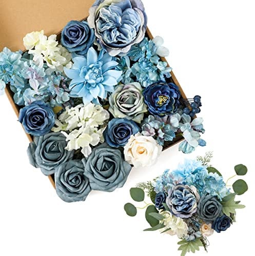Kisflower Künstliche Blumen, staubige blaue Seide, künstliche Rogen, Combo Pfingstrosen, Blume für DIY, Hochzeit, Brautstrauß, Party, Heimdekoration, (Dusty Blue)