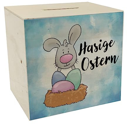 Hasige Ostern Spardose aus Holz mit niedlichem Osterhasen als Sparhilfe für die schöne Frühlingszeit und alle, die Ostern lieben und Sich auf die Osterfeiertage freuen
