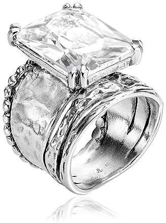 Statement-Ring aus 925er-Sterlingsilber mit weißem, achteckigem Zirkonia, Vintage-Antik-Look, hypoallergen, frei von Nickel und Blei, handgefertigte Designer-Kollektion, hergestellt in Israel
