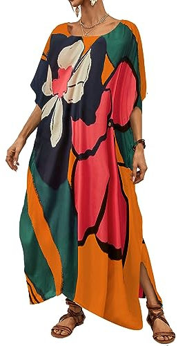 Bsubseach Long Swimsuit Coverup for Women Plus Size Kaftan Dress Summer Beach Cover Up Caftan Flower Print
