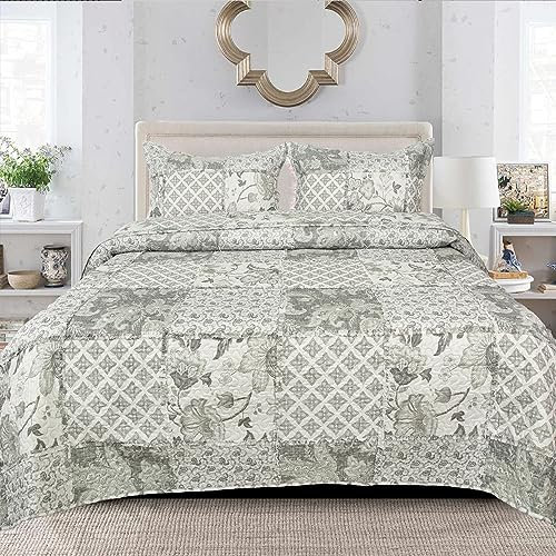 Patchwork Bedspread Box Pattern 100% Cotton Filling Reversible Quilted Throw For Bedroom Decor - Warm Quilt Coverlets Blankets Bedspread with Pillow Case (Monochrom Geo - Des 2, Super King)