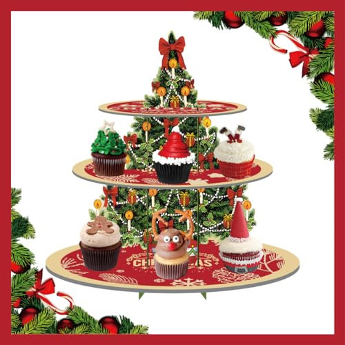mdgfge Weihnachts-Cupcake-Ständer mit 3 Etagen, Kuchen-Dessert-Ständer, Weihnachtsbaum-Form, Cupcake-Topper, Turm-Halter, Gebäck, Serviertablett, Ständer für Weihnachten, Familie, Urlaub, Winter,