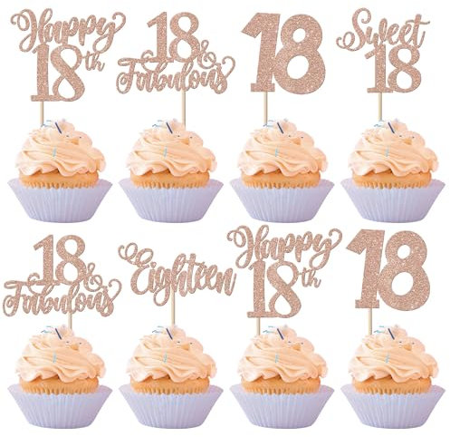 SYKYCTCY 30 Pack Happy 18th Birthday Cupcake Toppers Glitter Sweet 18 Eighteen Cupcake Picks Happy 18 Birthday 18 Years Old Cupcake Decorations Anniversary Party Supplies Rosegold