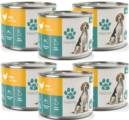 Fellicita Premium Nassfutter für Hunde - Huhn & Reis - 6er Pack - 6 x 200g - Monoprotein, hochwertiges Hundenassfutter, glutenfrei, leckere Pastete, Alleinfuttermittel