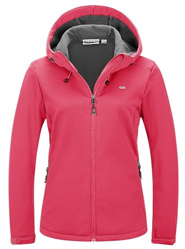 33,000ft Damen Fleece Gefütterte Softshelljacke Wasserdichte Funktionsjacke Fahhradjacke mit Kapuze Winddichte Übergangsjacke Windbreaker zum Radfahren, Wandern Rosa 42