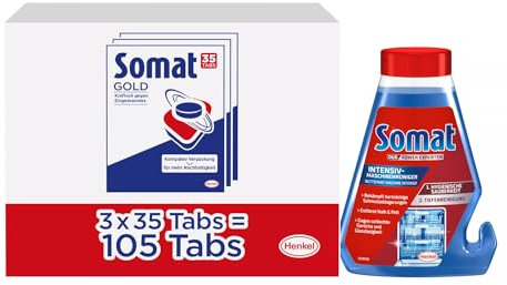 SOMAT Tabs 3x35(105) AW Gold, Geschirrspül Tabs für sauberes Geschirr auch bei niedrigen Temperaturen, gegen Eingetrocknetes + Somat Duo Power Experten Intensiv-Maschinenreiniger 250ml