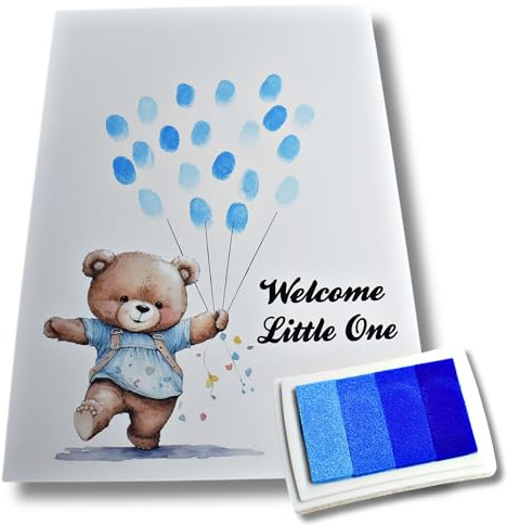 Fingerabdruck-Gästebuchdruck für Babyparty, Teddybär, Luftballons, A4, Rosa, Blau, neutral, Unisex, Geschlechtsoffenbarung, Geschenk für Neugeborene (blau)