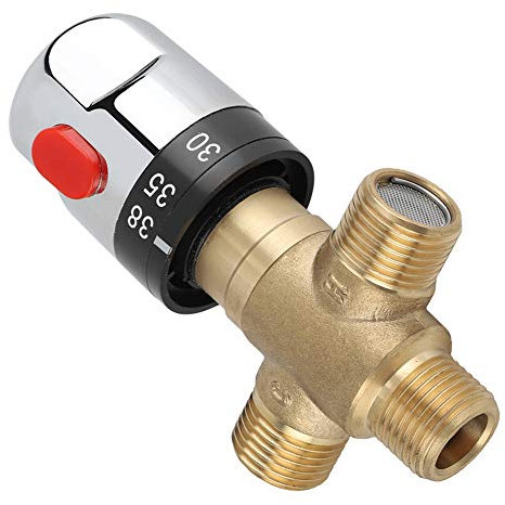 4 Points Thermostatic Pipeline Valve, Brass Thermostatic Mixer, Thermostatic 3 Way Mixing Brass Valve with 1/2 BSP Connection for Pipe Basin Thermostat Control