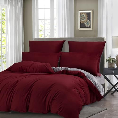 Gezu Bettbezug aus Flanell, Samt, rot, 240 x 260 cm, Bordeauxrot, grau, Winter, Bettwäsche, doppelseitig, flauschig und warm, für Doppelbett, mit 2 Kissenbezügen 65 x 65 cm und Reißverschluss