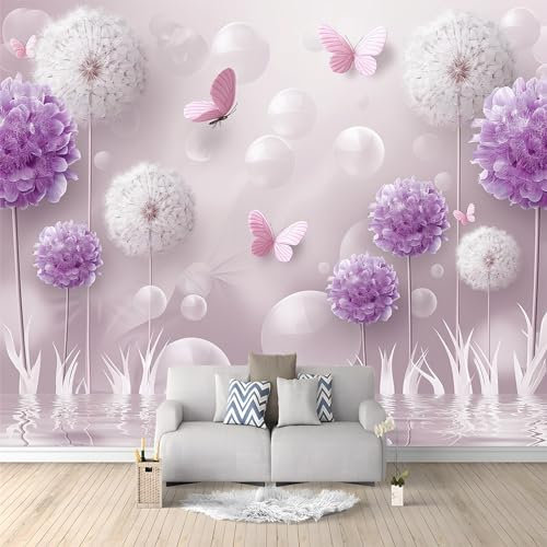 3D Panoramique Murale Papillon Pissenlit Violet 300x210 cm Papier Peint Intissé pour Salon Chambre Enfant Chambre Décoration Murale Poster Tableaux Photo Muraux