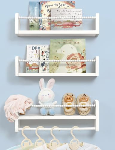 Mazjoaru Kinderzimmer Wandregal 3er Set Natürliches Holz Weiß Bücherregal mit Handtuchhalter, Schweberegal Wandbrett Kinderzimmer Deko Organizer für Kinderzimmer, Schlafzimmer, Küche