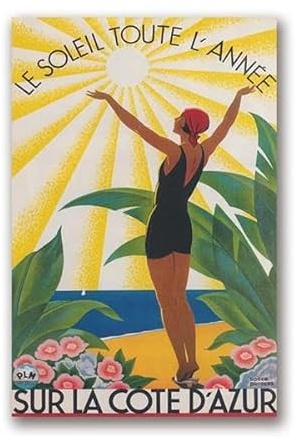Baibexing Vintage Reiseposter „Sur La Côte D' Azur“, Frankreich, Druck, Farbenfrohe Wandkunst, Leinwandgemälde, Französische Riviera, Broders, Heim-Wanddekoration 30X40Cm Kein Rahmen