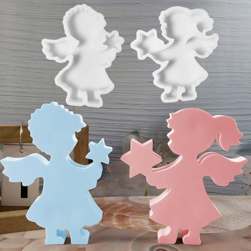 TREABEAR 2 moldes de silicona de ángel con estrellas, moldes de silicona, molde de ángel, molde de fundición, molde de ángel para niños y niñas, moldes de yeso para fundir ángel con estrellas, moldes