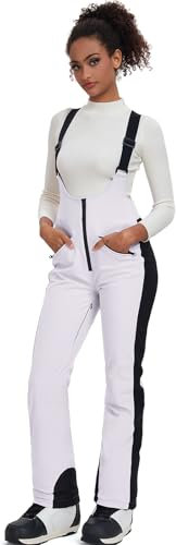 HOUZONIY Pantaloni da sci da donna, impermeabili, antivento, slim fit, pantaloni da neve, bavaglino isolati, pantaloni da sci, bianco, S