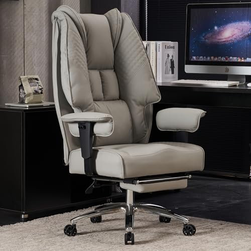 EXCEBET Ergonomic Office Chair – High Back PU Leather Executive Desk Chair with Adjustable Armrests, Swivel Computer Chair for Home Office, Heavy Duty Support up to 400 lbs (Light Grey-1)
