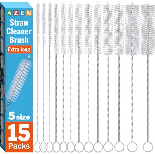 15 Pack Straw Cleaner Brush Set, 12 inch Extra Long, 5 Different Diameters Reusable Cleaning Brush for Sippy Cup, Water Bottle and Tubes