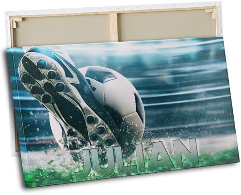 timalo® Kinderzimmer Wandbild Bild auf Leinwand Kinder Bilder für die Wand Leinwandbild xxl personalisiert mit Namen Mädchen Jungen Bild fürs Teenager Zimmer | 120 x 50 cm Fußball, Fußballtor, Tor