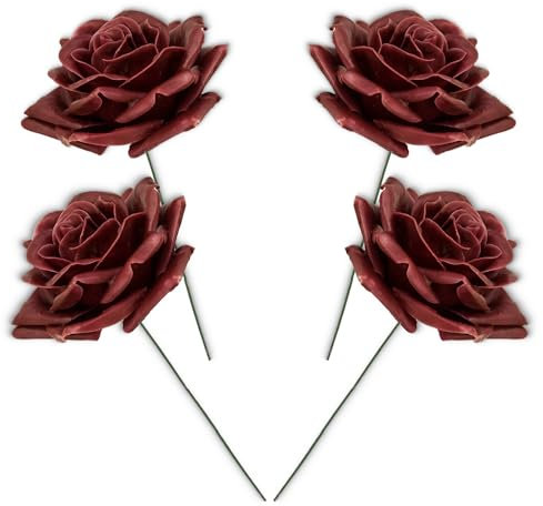 matches21 HOME & HOBBY Große Wachs-Rosen 4er Set Bordeaux - dauerhaft haltbare Textil-Rosen mit Wachs-Blüten