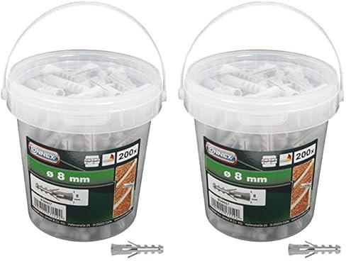 Connex Dübel Ø 8 mm - 200 Stück in praktischem Kunststoff-Eimer - Polypropylen - Für einfache Befestigungsarbeiten in Vollstein & Beton/Dübel-Set im Eimer/Universaldübel / B30027 (Packung mit 2)