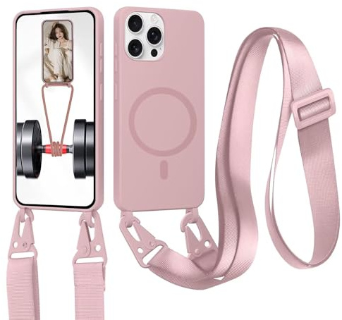 xinyunew Cordon de Coque Compatible avec iPhone 14 Pro Max(6.7) Compatible avec MagSafe Coque,Collier Étui Silicone Liquide avec Tour de Cou Lanière en Corde Souple TPU Antichoc Housse-Sable Rose